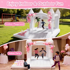 GVDV 9FT Inflatable Bounce House with Slide & 350W Blower, White Jumping Castle for Kids 3–12, Indoor & Outdoor Wedding or Party Fun