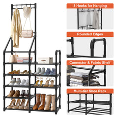 Shoe Rack for Closet - Multifunctional Shoe and Coat Rack, Shoe Organizer with Hook Rack, 5-Tier Large-Capacity, Space-Saving Shoe Shelf for Entryway, Closet, Garage, Bedroom, Cloakroom