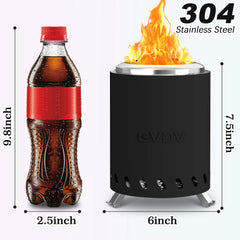 7.5" Tabletop Fire Pit - Smokeless & Portable Mini Fire Bowl, Dual Fuel, 304 Stainless Steel with Carry Bag for Outdoor (Black)