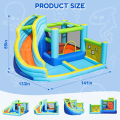 GVDV 12FT Inflatable Bounce House with Water Slide, Ball Shooting, Climbing Wall, Splash Pool & 450W Air Blower for Kids Outdoor Fun