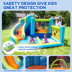 GVDV 12FT Inflatable Bounce House with Water Slide, Ball Shooting, Climbing Wall, Splash Pool & 450W Air Blower for Kids Outdoor Fun