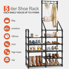 Shoe Rack for Closet - Multifunctional Shoe and Coat Rack, Shoe Organizer with Hook Rack, 5-Tier Large-Capacity, Space-Saving Shoe Shelf for Entryway, Closet, Garage, Bedroom, Cloakroom