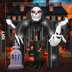 GVDV 10 FT Halloween Inflatables Archway, Halloween Archway Inflatables Ghost, Blow Up Yard Decorations with Ghost and Build-in LEDs