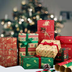 Christmas Wrapping Paper(8 Pcs Paper+4 Pcs Rope) , Ultra Thick Kraft Paper, Ideal for Packaging Christmas Birthday Gifts Presents Decor Craft Supplies, 50 x 70cm(Paper&Rope is in a package)