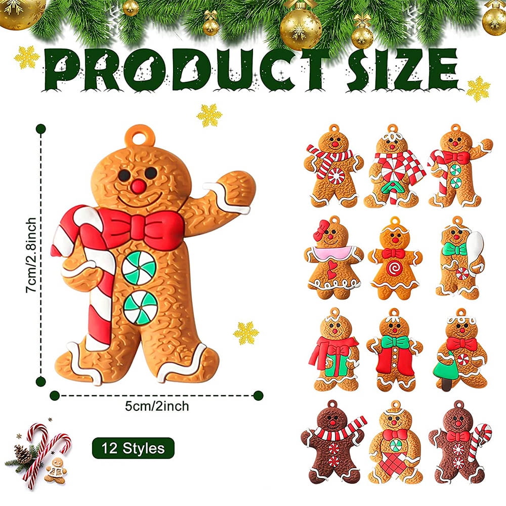 HadinEEon 12pcs Gingerbread Man Ornaments for Christmas Tree, Plastic Gingerbread Figurines Hanging Decorations, 3inch