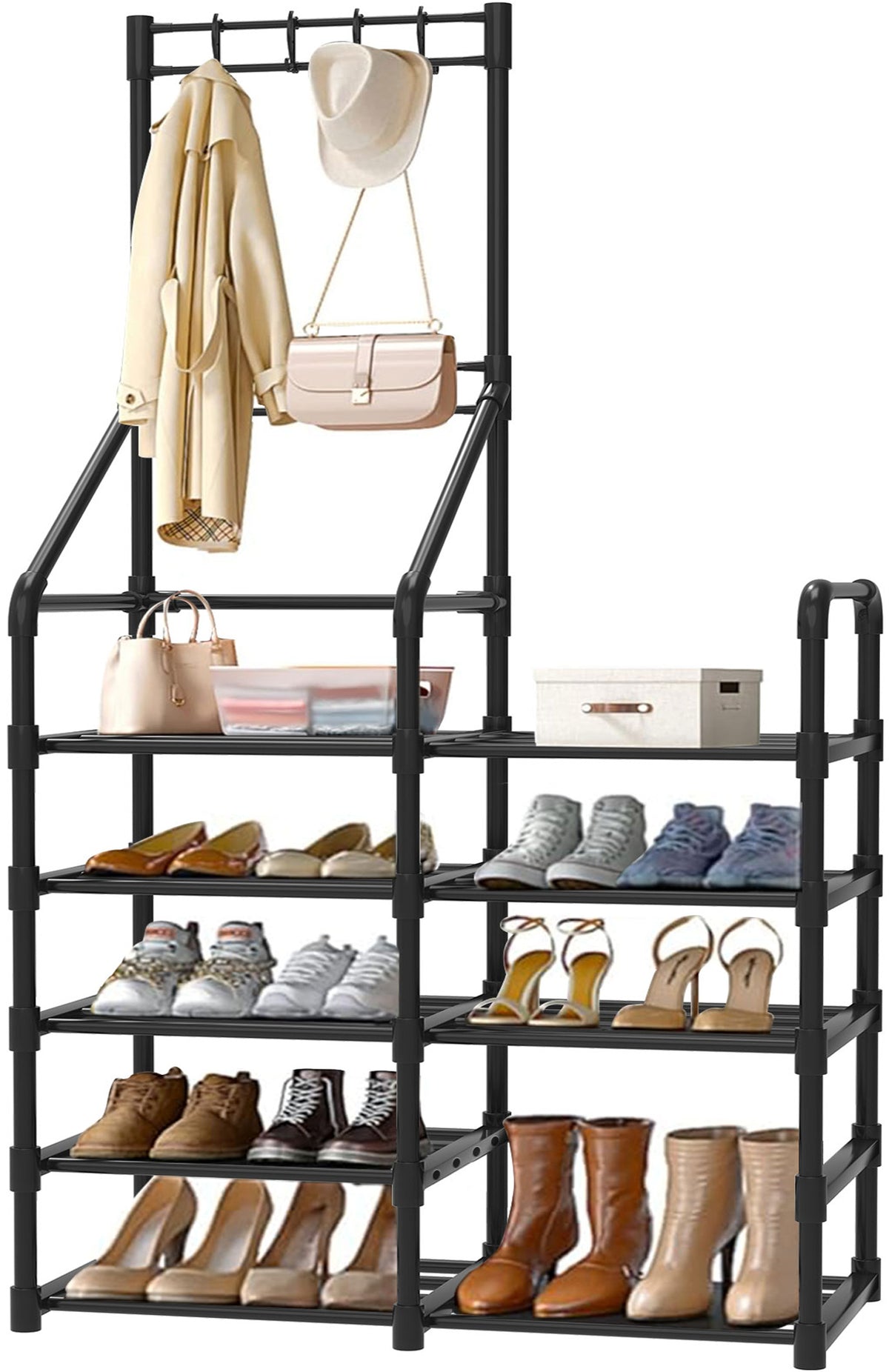 Shoe Rack for Closet - Multifunctional Shoe and Coat Rack, Shoe Organizer with Hook Rack, 5-Tier Large-Capacity, Space-Saving Shoe Shelf for Entryway, Closet, Garage, Bedroom, Cloakroom