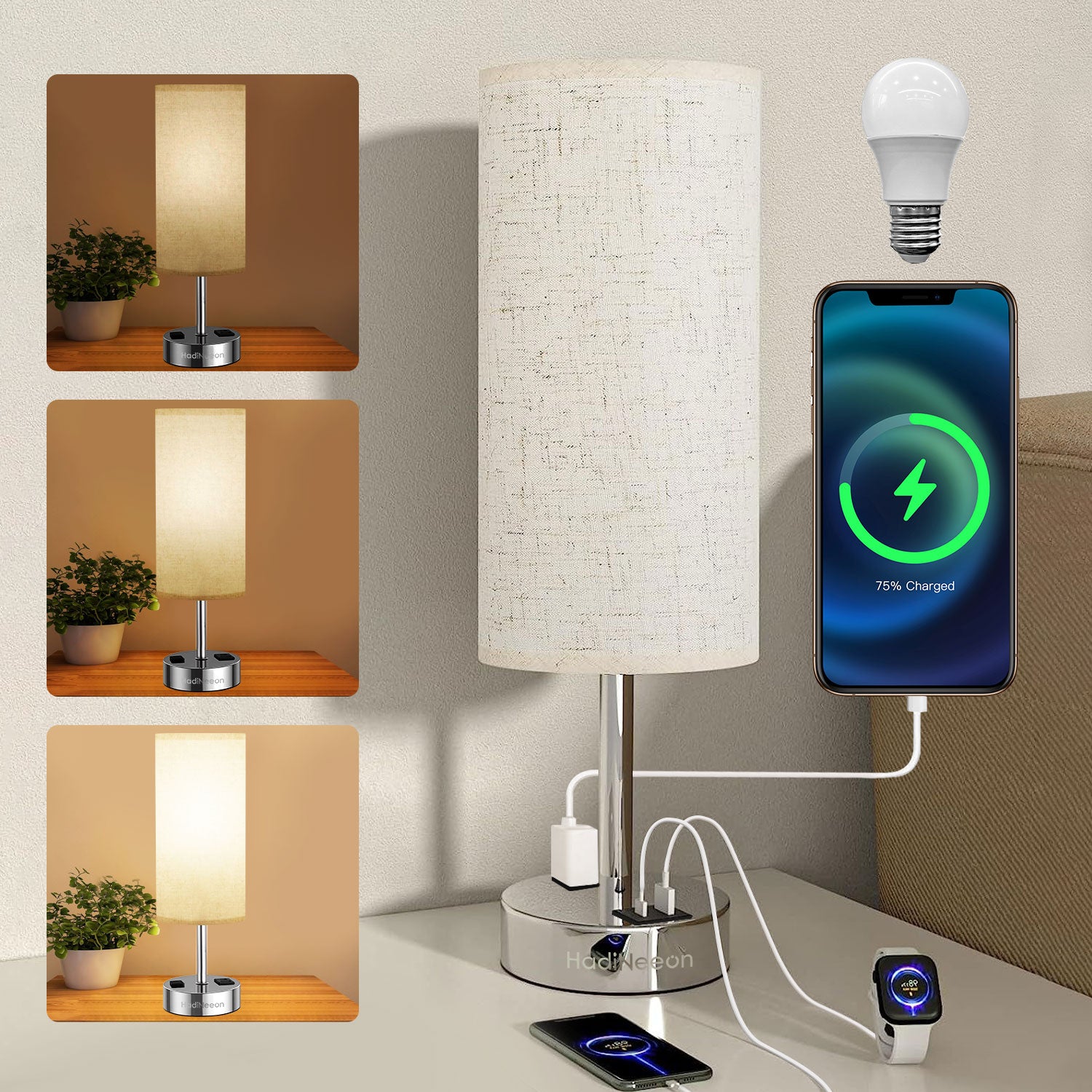 Table Lamp with 3-Way Dimmable Touch, Dual USB Charging Ports, AC Outlet, Flaxen Fabric Shade - 14.5", for Bedroom, Living Room - Includes LED Bulb