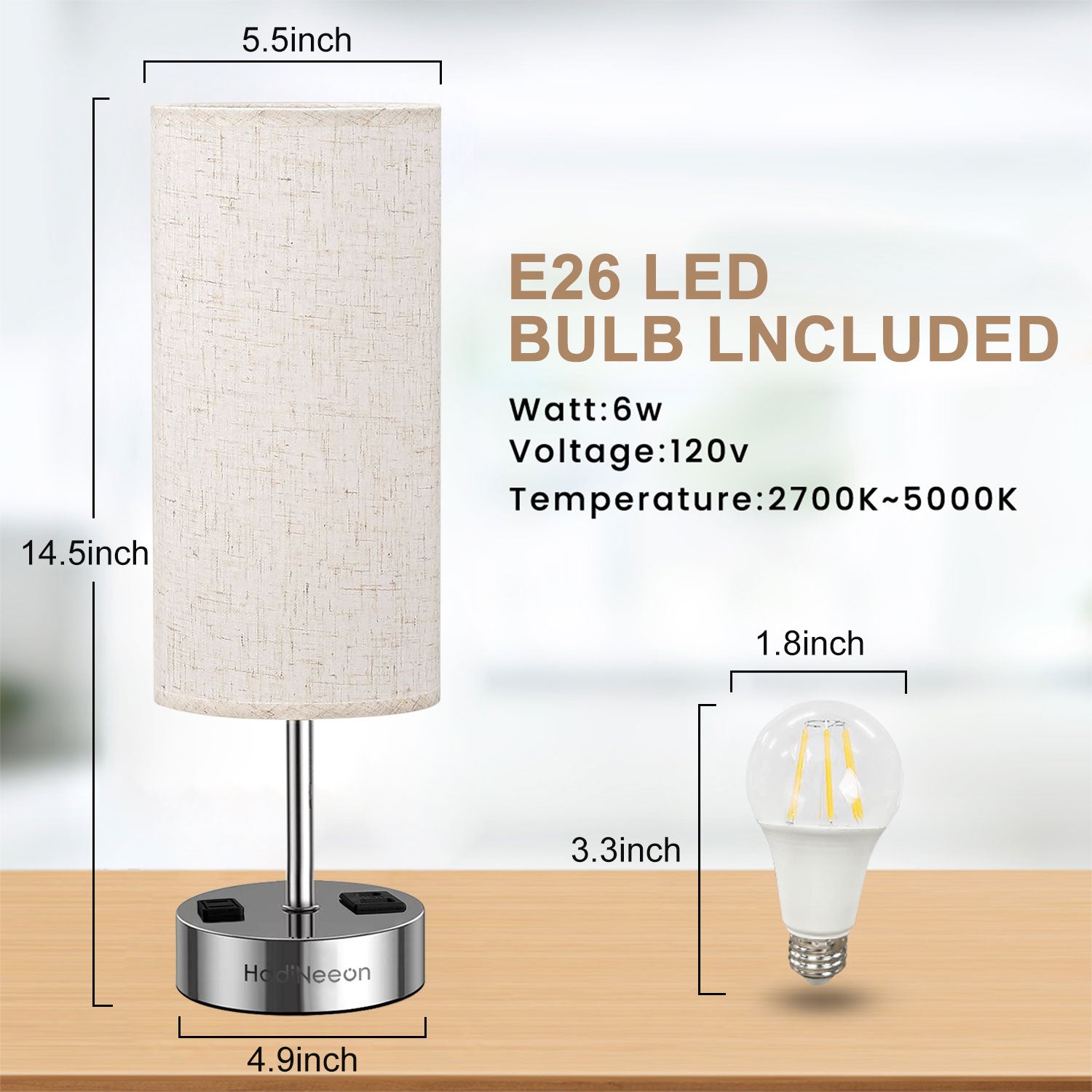 Table Lamp with 3-Way Dimmable Touch, Dual USB Charging Ports, AC Outlet, Flaxen Fabric Shade - 14.5", for Bedroom, Living Room - Includes LED Bulb