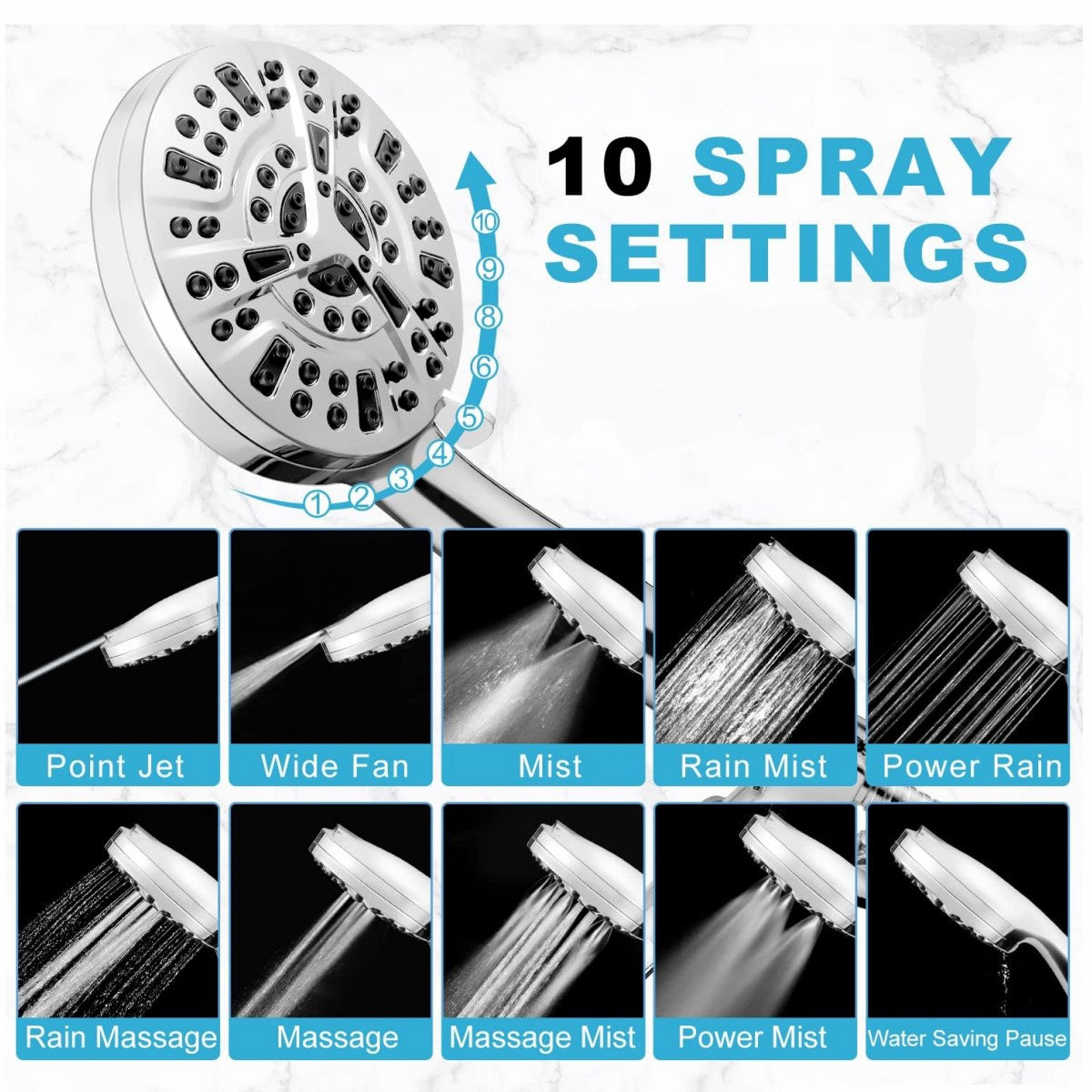 HadinEEon 10-Spray Mode High Pressure Shower Head, Built-in Power Wash, Chrome