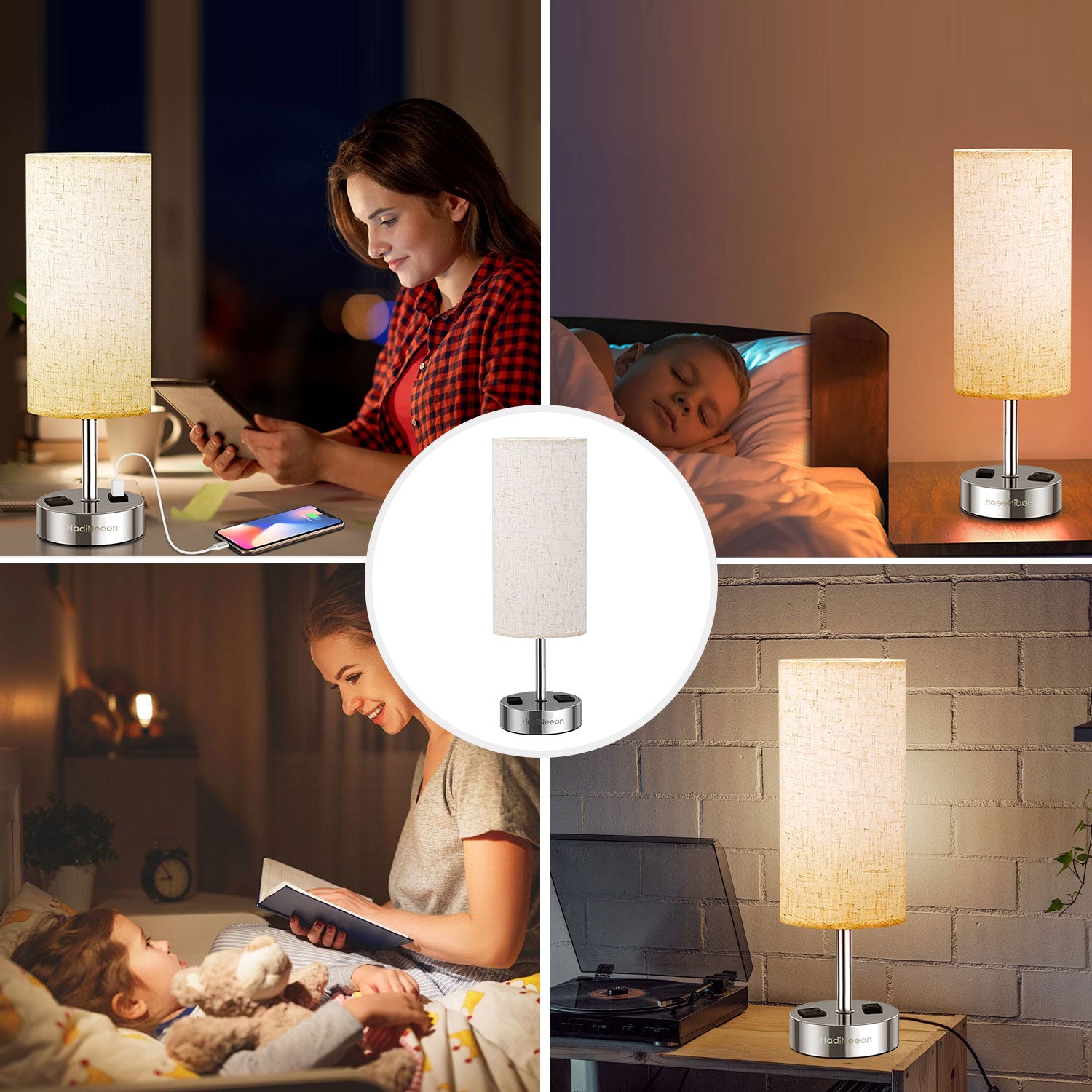 Table Lamp with 3-Way Dimmable Touch, Dual USB Charging Ports, AC Outlet, Flaxen Fabric Shade - 14.5", for Bedroom, Living Room - Includes LED Bulb