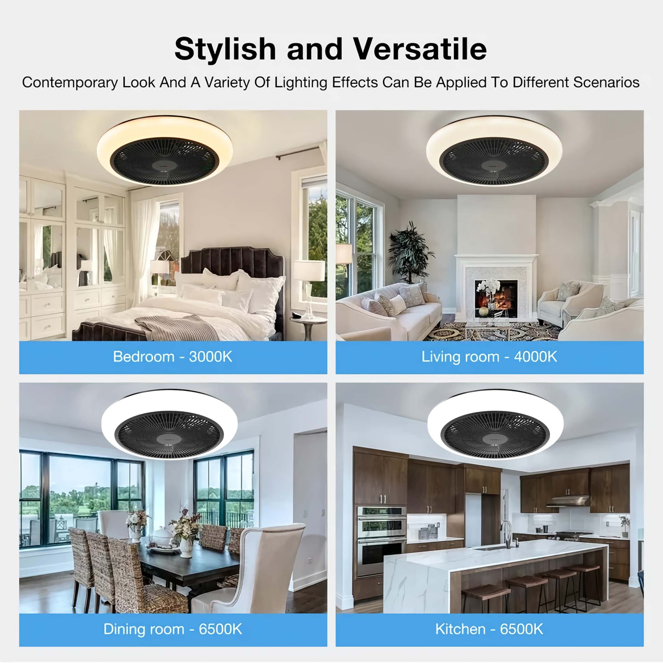 18" Modern Ceiling Fan with Light, Remote & APP Control - 3 Colors Lighting, Flush Mount Design, 6 Wind Speeds, Timing Setting - Black