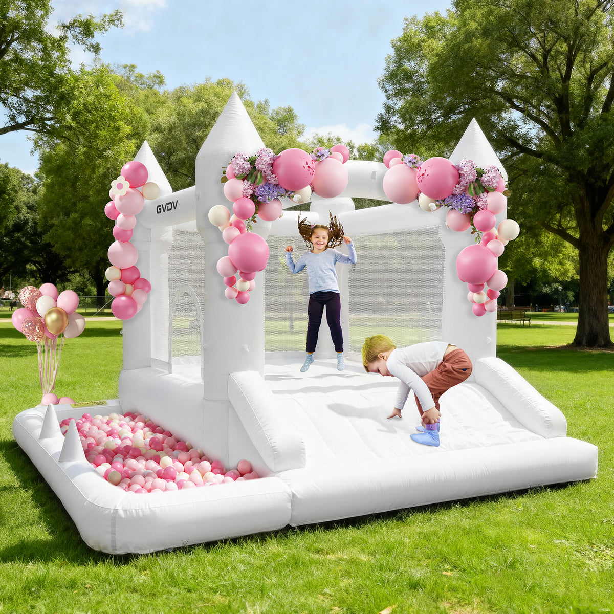 GVDV 9FT Inflatable Bounce House with Slide & 350W Blower, White Jumping Castle for Kids 3–12, Indoor & Outdoor Wedding or Party Fun
