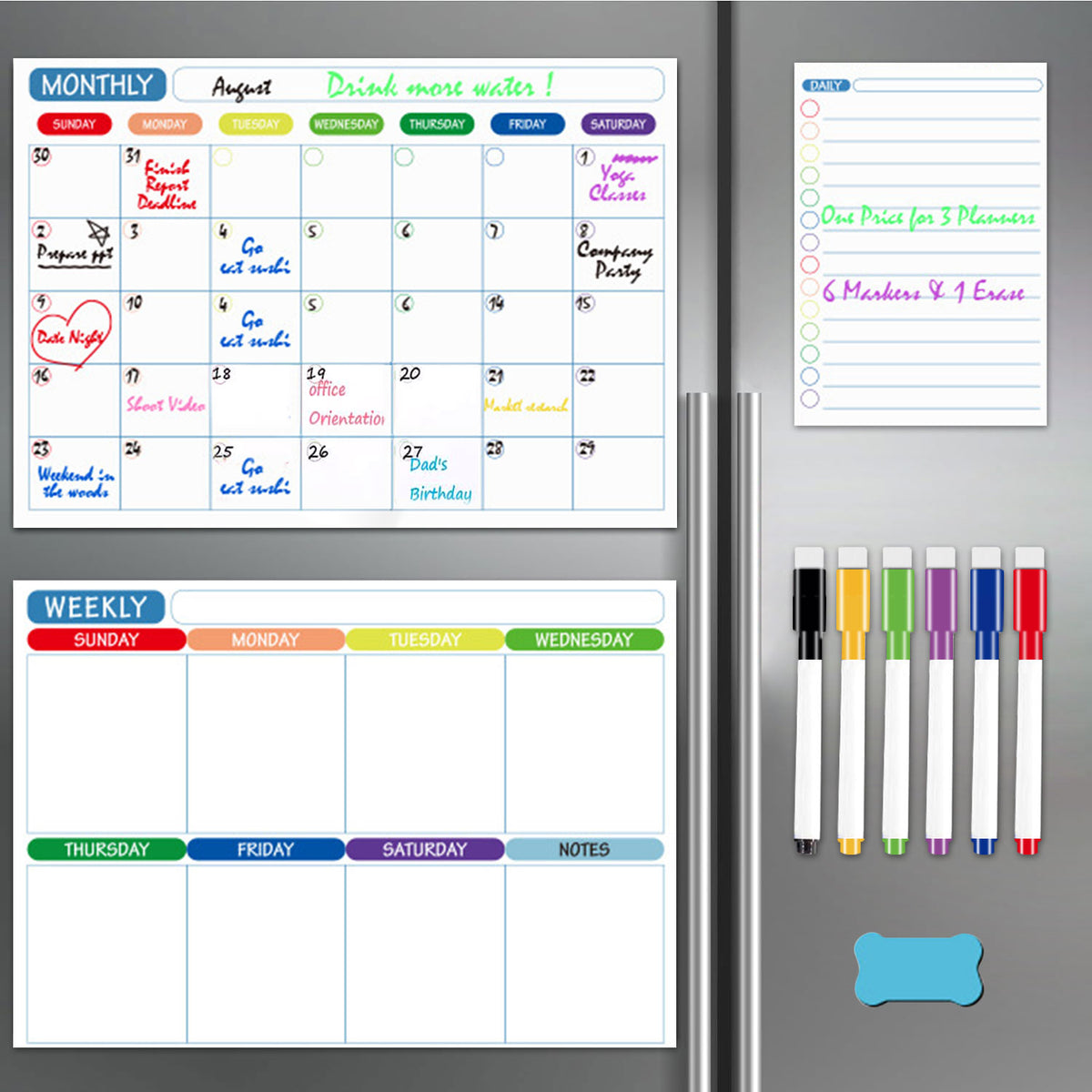 3 Pack Magnetic Dry Erase Calendar Board for Fridge&Wall, Whiteboard Organizer Planner with Monthly, Weekly, and Daily Notepads. Fridge Calendar Comes with 6 Markers and 1 Eraser