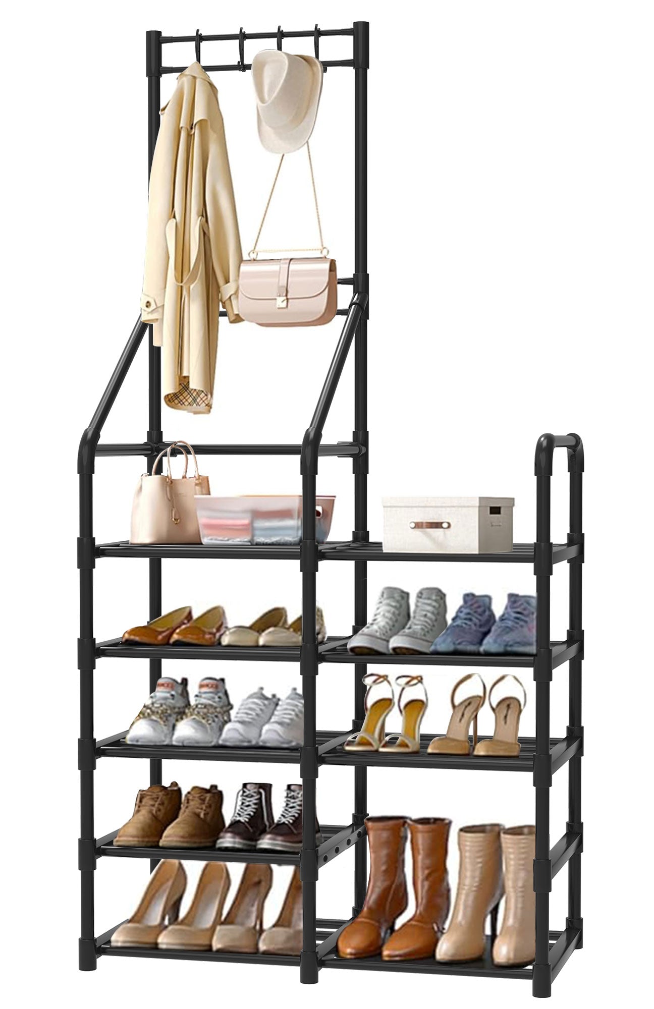 Shoe Rack for Closet - Multifunctional Shoe and Coat Rack, Shoe Organizer with Hook Rack, 5-Tier Large-Capacity, Space-Saving Shoe Shelf for Entryway, Closet, Garage, Bedroom, Cloakroom