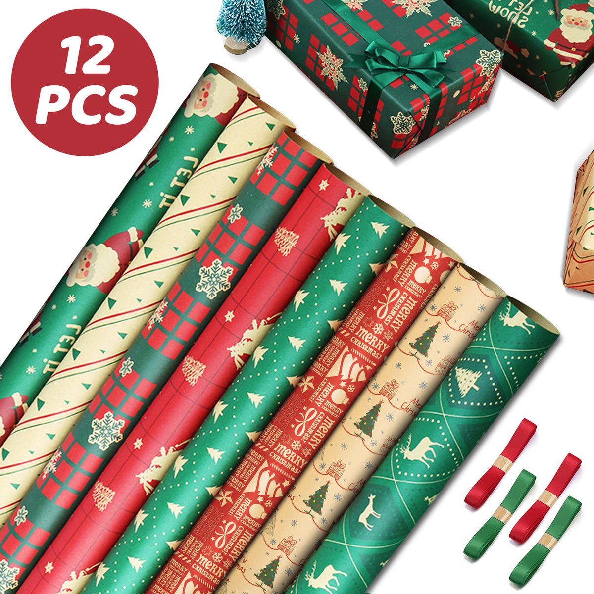 Christmas Wrapping Paper(8 Pcs Paper+4 Pcs Rope) , Ultra Thick Kraft Paper, Ideal for Packaging Christmas Birthday Gifts Presents Decor Craft Supplies, 50 x 70cm(Paper&Rope is in a package)