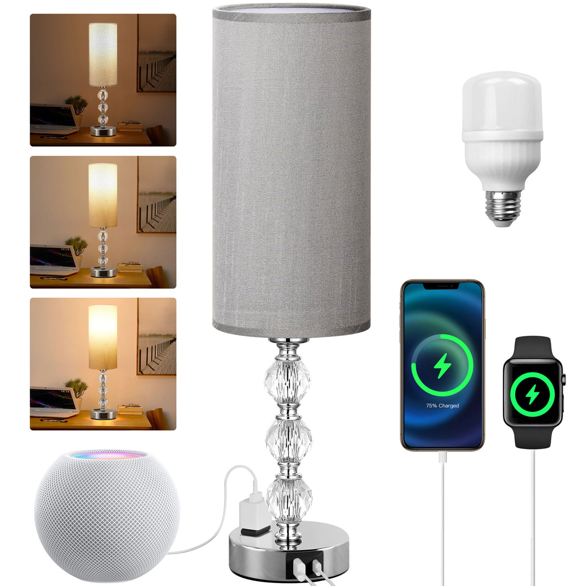 Crystal Table Lamp 14.6", 3-Way Dimmable with Touch Control, USB Charging Port, AC Outlet – Suitable for Living Room, Bedroom, Study - Lighting