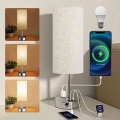 Table Lamp with 3-Way Dimmable Touch, Dual USB Charging Ports, AC Outlet, Flaxen Fabric Shade - 14.5", for Bedroom, Living Room - Includes LED Bulb