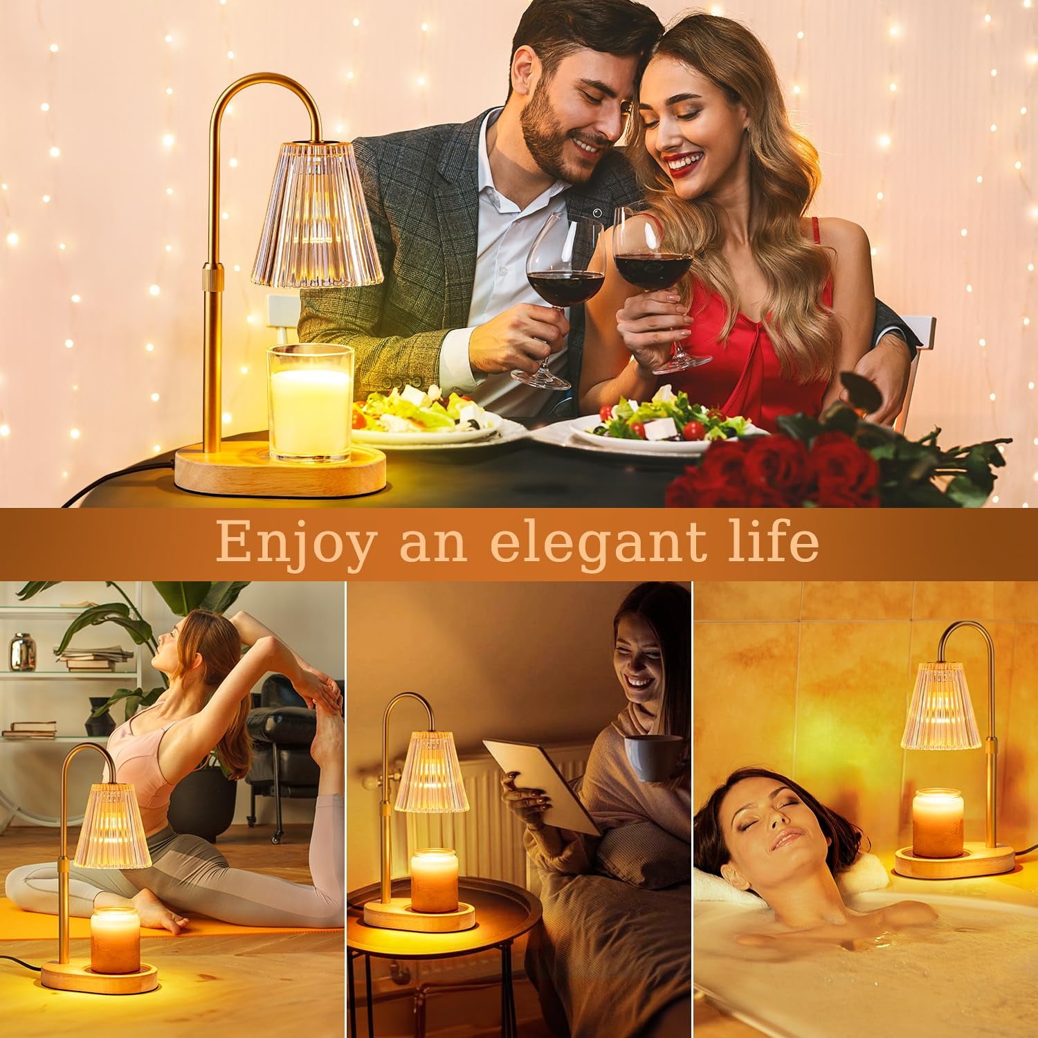 Candle Warmer Lamp with Timer, Dimmable, Adjustable Height - Electric Top Down Melting for All Jar Candles - Home Decor Wax Melter Light in Amber (Includes 2 Halogen Bulbs)