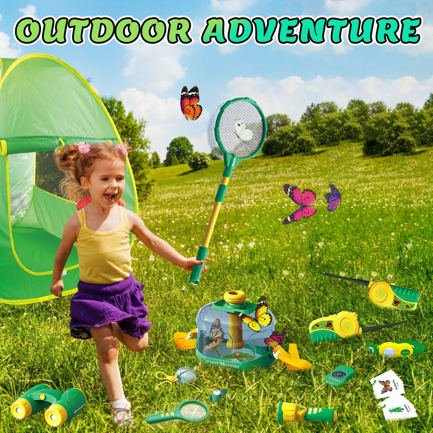 Kids Camping Set with Tent, Kids Explorer Kit with Walkie-Talkie, Bug Catcher Kit for Kids, Outdoor Toys Camping Tools Set for Boys Girls Age 3-12 Birthday Christmas Gift