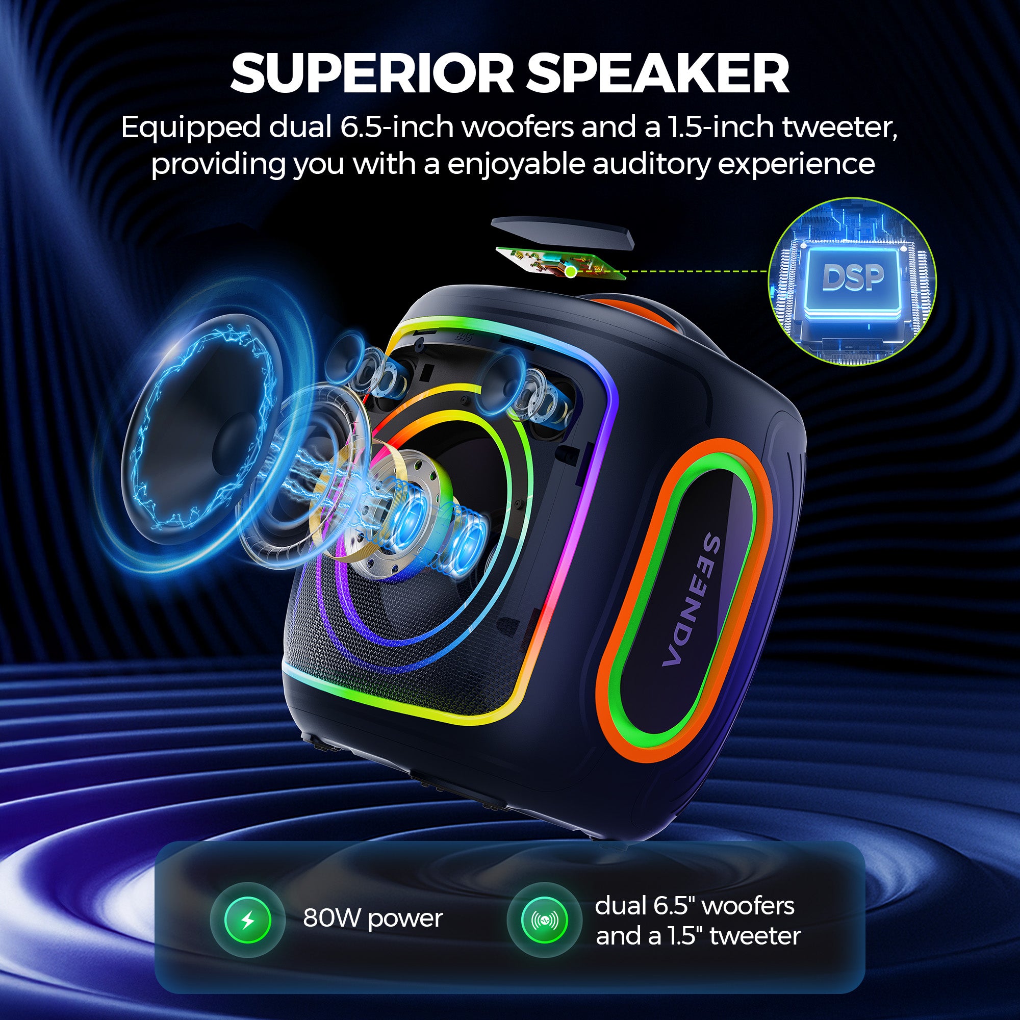 Seenda Karaoke Machine with 2 Wireless Microphones, Bluetooth, Double 6.5" & 1.5" Tweeter Speakers, IPX5 Waterproof, and RGB Lights – Portable PA System for Indoor & Outdoor Parties