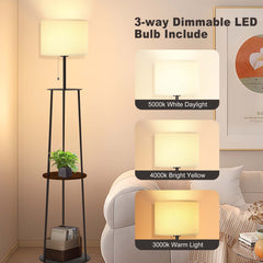 65" Floor Lamp with Shelves, 3 Color Temperature Bulb, Remote Control, Stepless Dimming - Modern Design with Circular Stand and Linen Lampshade