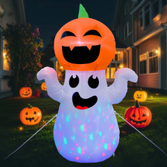 GVDV 5Ft Halloween Inflatable Pumpkin Ghost with 360° Rotating Colorful LED Lights, Cute Indoor / Outdoor Decor for Party, Yard, Lawn