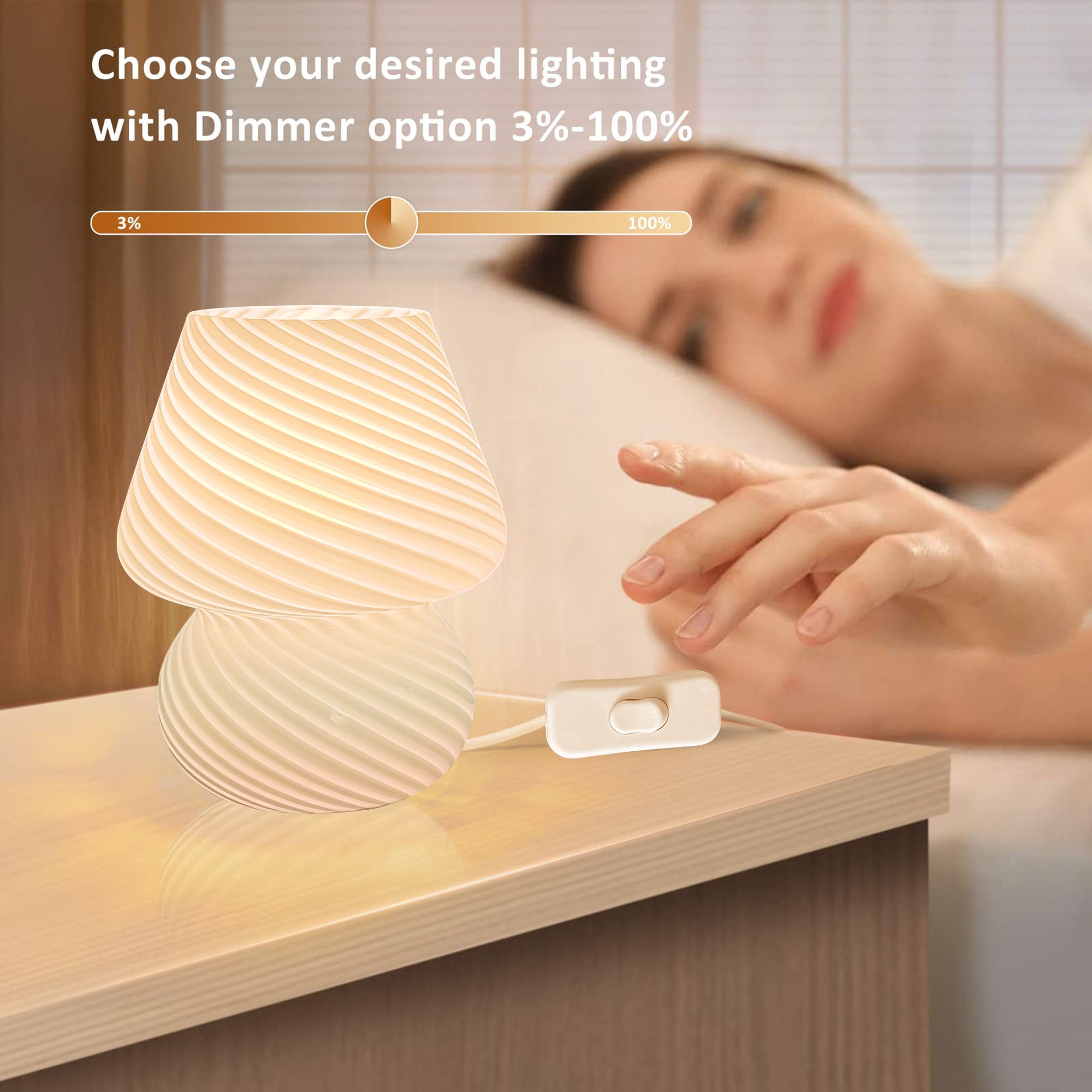 Mushroom Lamp - Murano Style Glass Nightstand Lamp, 3 Color Temperature Dimmable, Fashionable and Easy-to-Use Bedroom Dorm Living Desk Lamp - Ideal Home Decor Gift