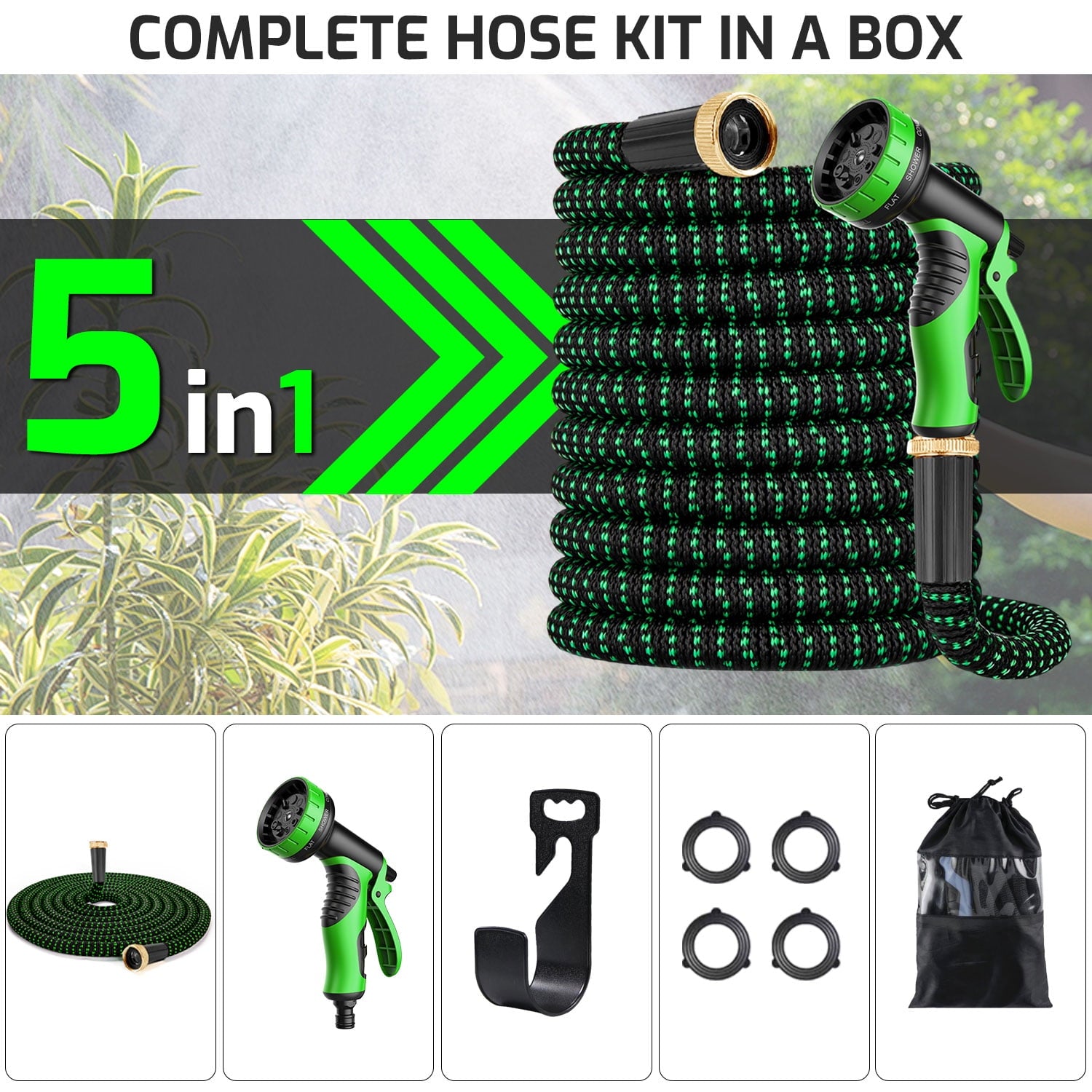 HadinEEon Garden Hose, 100ft Water Hose with 10 Function Spray Nozzle, No Kink Hose with 3/4 inch Anti-Rust Solid Brass Fittings, Green