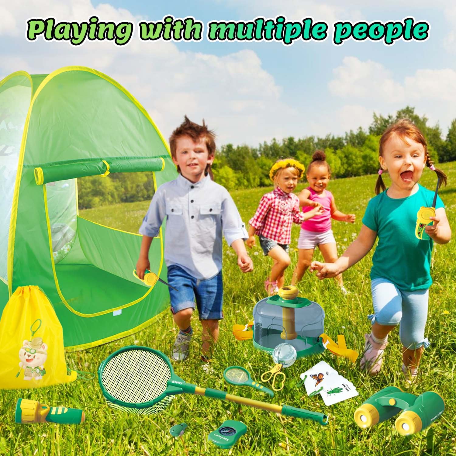 Kids Camping Set with Tent, Kids Explorer Kit with Walkie-Talkie, Bug Catcher Kit for Kids, Outdoor Toys Camping Tools Set for Boys Girls Age 3-12 Birthday Christmas Gift