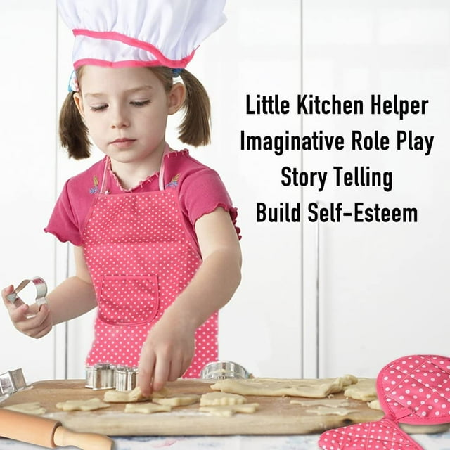 JMH Girls Kitchen Play Set 11pcs Cook Set for Kids - Pretend Play Toys in Pink, with Dress up Costume and Accessories