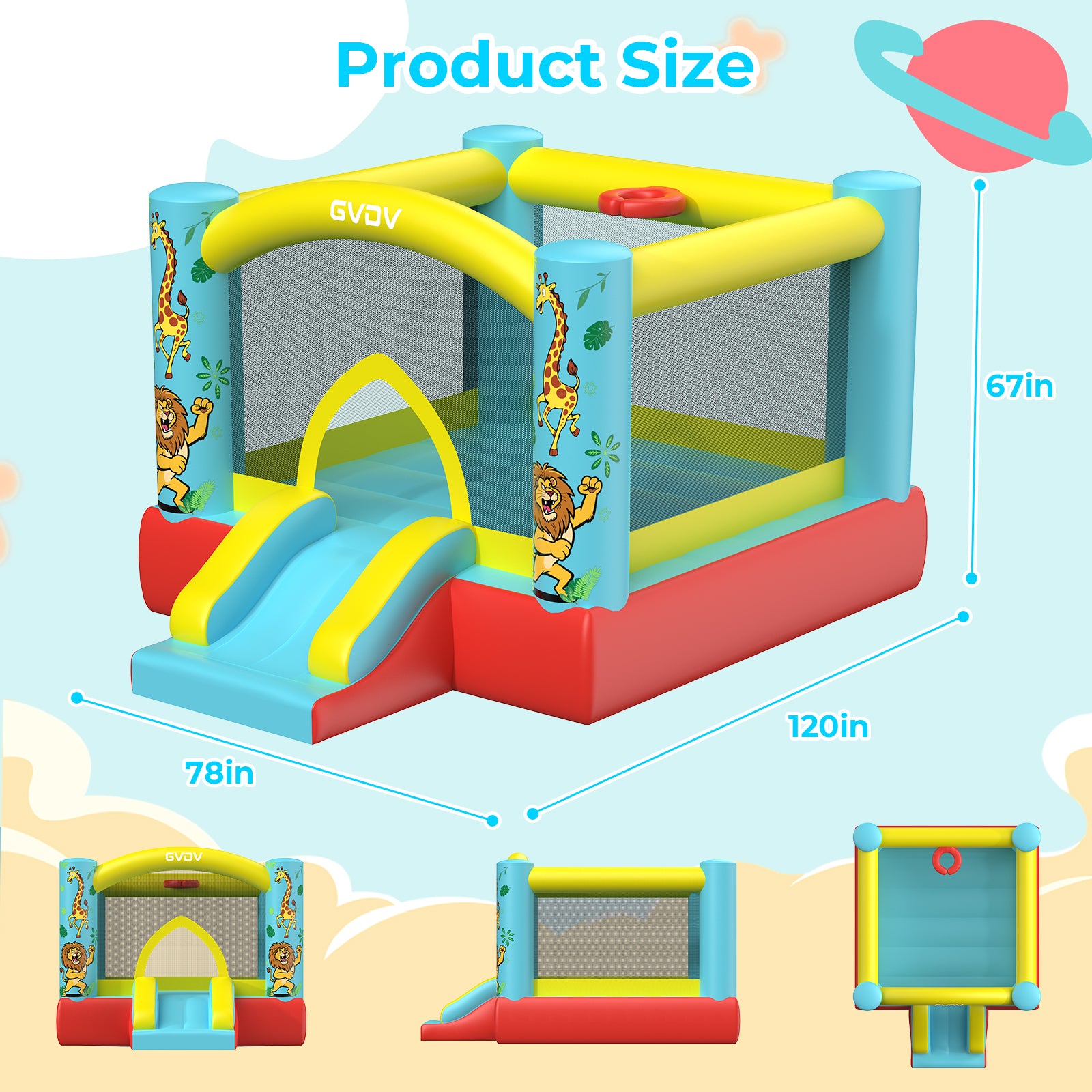 GVDV 9FT Inflatable Bounce House with Slide & 350W Blower, Jumping Castle Bouncer for 3 Kids, Indoor and Outdoor Use