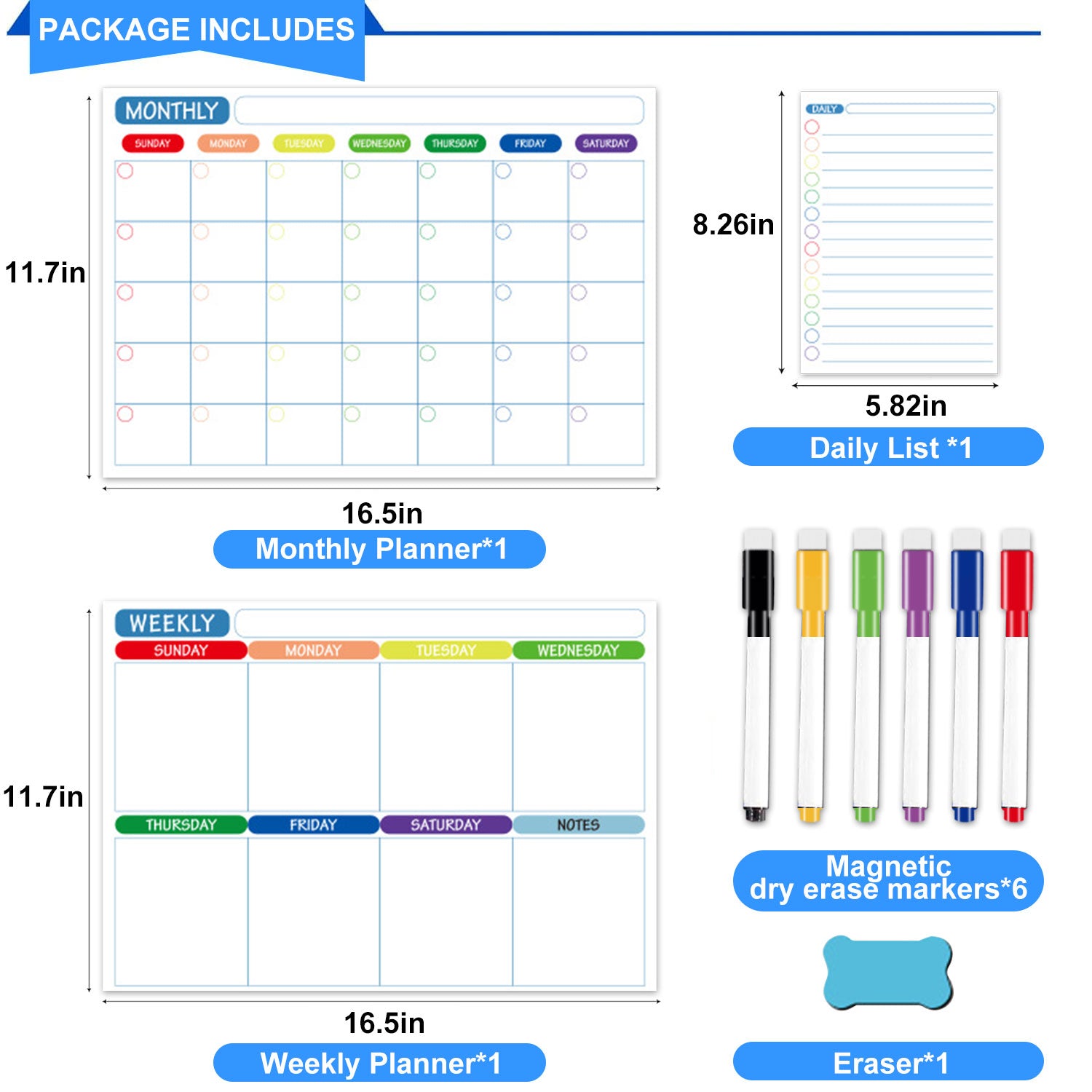 3 Pack Magnetic Dry Erase Calendar Board for Fridge&Wall, Whiteboard Organizer Planner with Monthly, Weekly, and Daily Notepads. Fridge Calendar Comes with 6 Markers and 1 Eraser