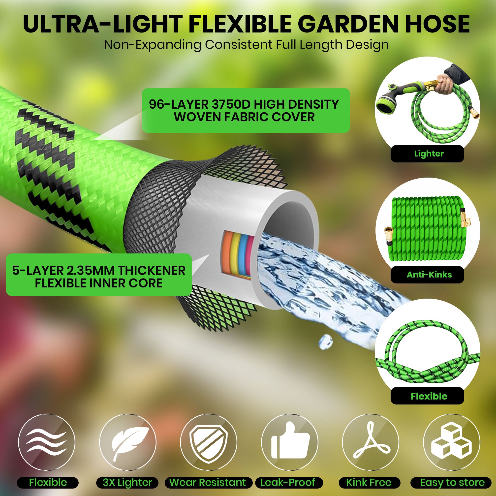 GVDV Garden Hose, 3/4" x 75ft Water Hose with 10 Function Spray Nozzle, Leakproof, Light Weight, 375Psi