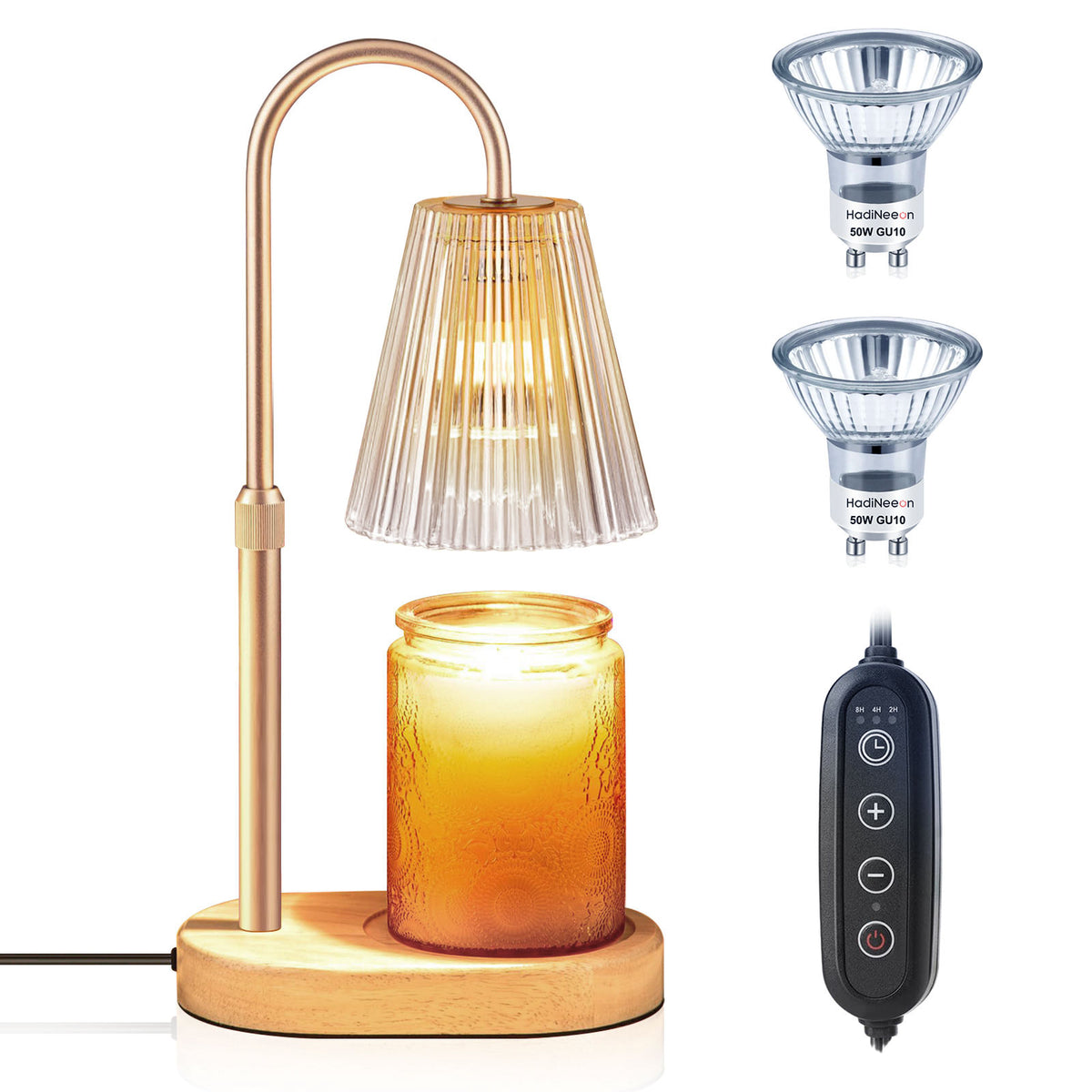 Candle Warmer Lamp with Timer, Dimmable, Adjustable Height - Electric Top Down Melting for All Jar Candles - Home Decor Wax Melter Light in Amber (Includes 2 Halogen Bulbs)