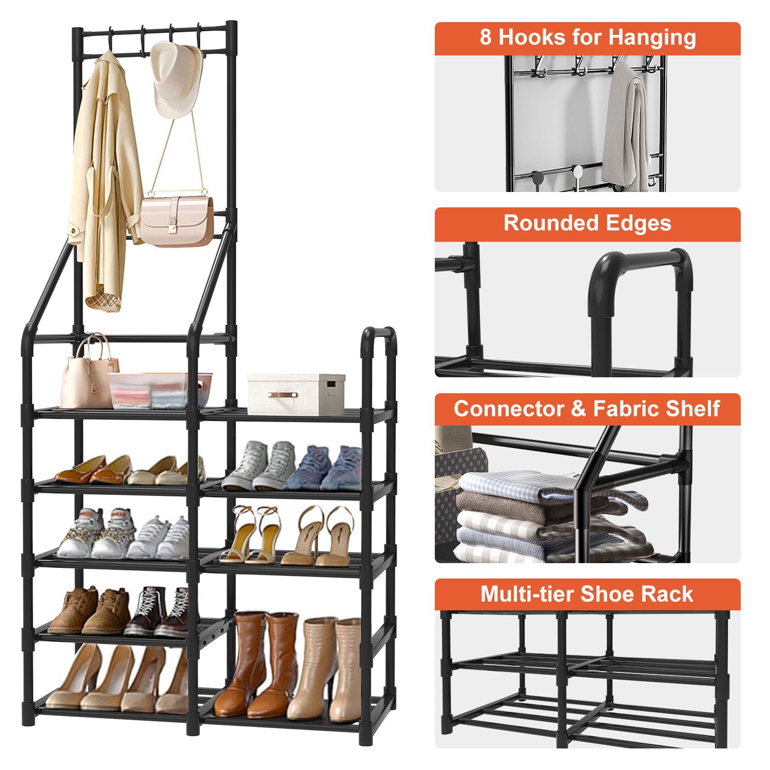 Shoe Rack for Closet - Multifunctional Shoe and Coat Rack, Shoe Organizer with Hook Rack, 5-Tier Large-Capacity, Space-Saving Shoe Shelf for Entryway, Closet, Garage, Bedroom, Cloakroom