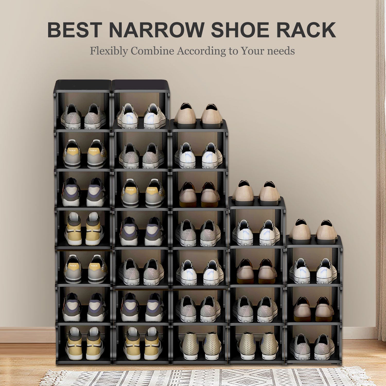 8 Tiers Narrow Vertical Shoe Racks Tall Shoe Rack Organizer for Closet, Furniture Shoe Storage Organizer, Sturdy & Space Saving Shoe Shelf for Entryway, Black