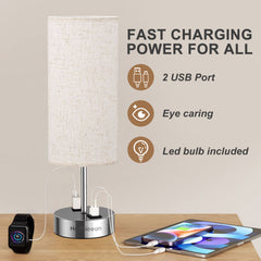 Table Lamp with 3-Way Dimmable Touch, Dual USB Charging Ports, AC Outlet, Flaxen Fabric Shade - 14.5", for Bedroom, Living Room - Includes LED Bulb