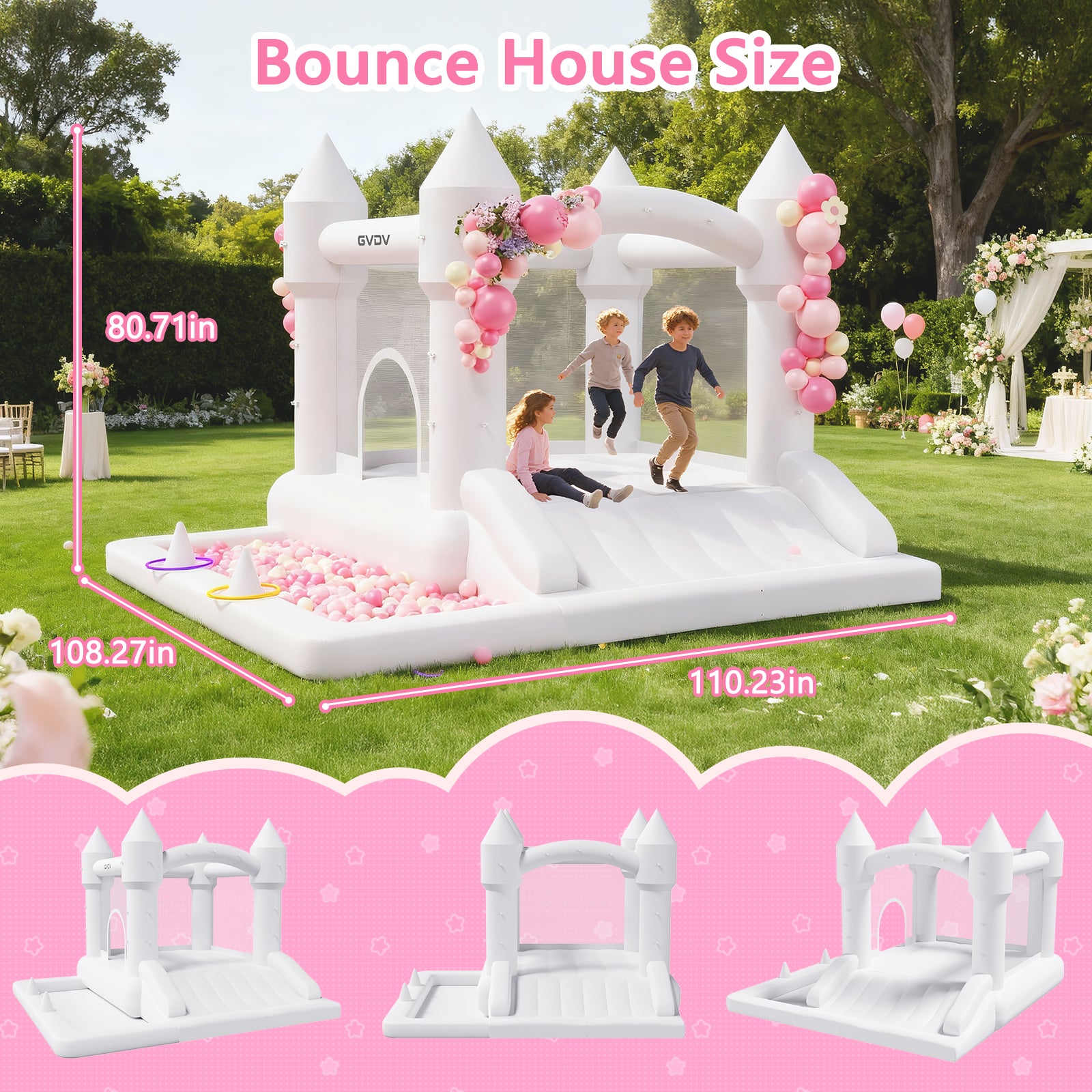 GVDV 9FT Inflatable Bounce House with Slide & 350W Blower, White Jumping Castle for Kids 3–12, Indoor & Outdoor Wedding or Party Fun