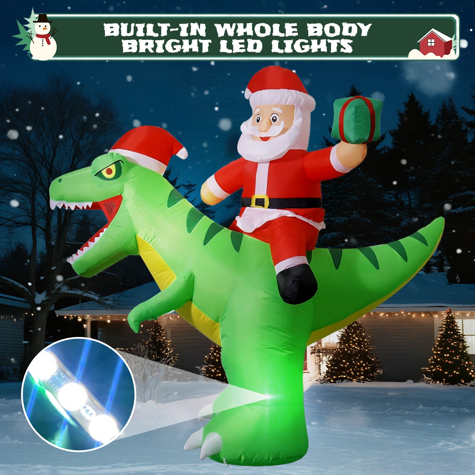 GVDV Christmas Inflatables Decorations 8FT Santa Riding Dinosaur Christmas Blow Up Yard Decoration
