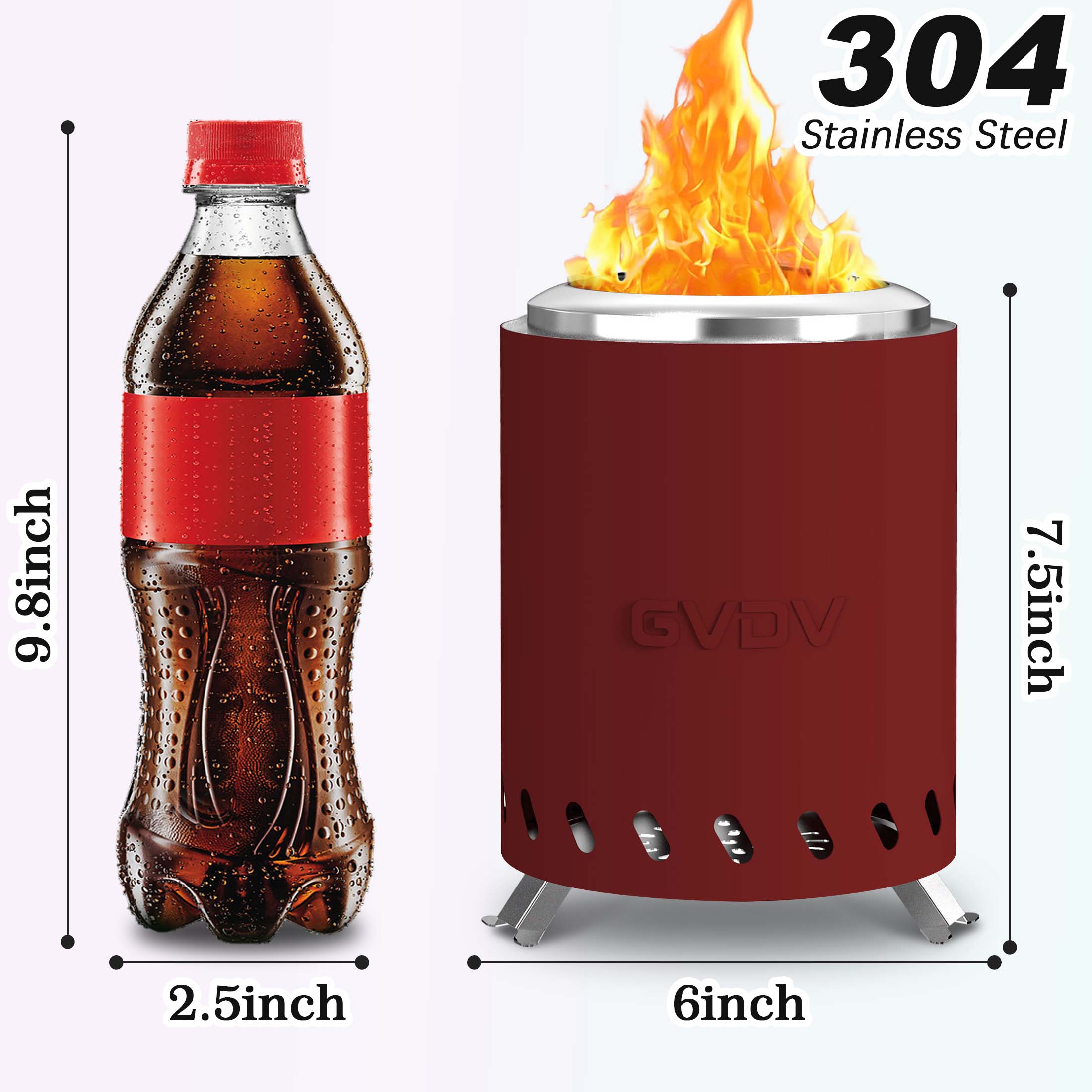7.5" Tabletop Fire Pit - Smokeless & Portable Mini Fire Bowl, Dual Fuel, 304 Stainless Steel with Carry Bag for Outdoor (Red)