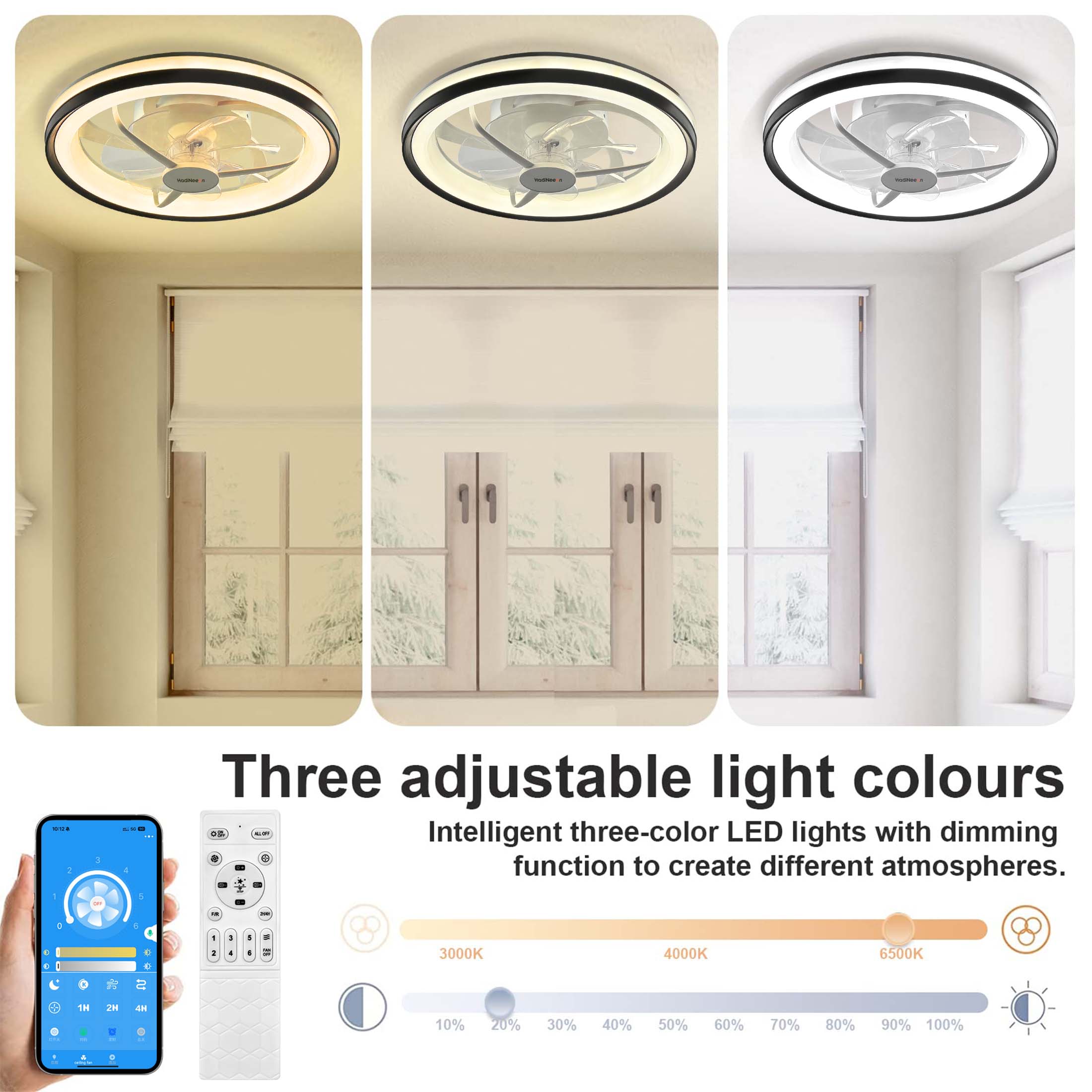 18" Modern Ceiling Fan with Lights, Remote & App Control - Dimmable, Low Profile Design, Stepless Color Temperature Change, 6 Speeds - White