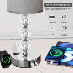 Crystal Table Lamp 14.6", 3-Way Dimmable with Touch Control, USB Charging Port, AC Outlet – Suitable for Living Room, Bedroom, Study - Lighting