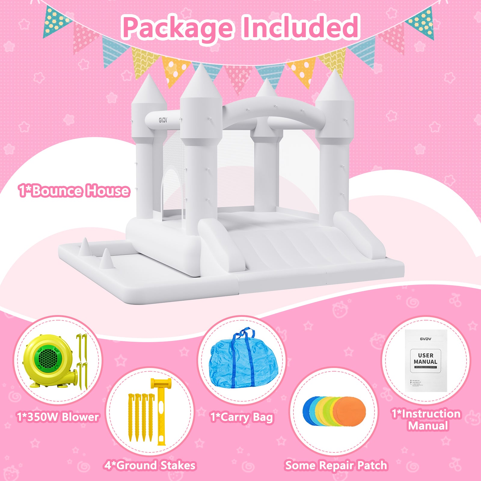GVDV 9FT Inflatable Bounce House with Slide & 350W Blower, White Jumping Castle for Kids 3–12, Indoor & Outdoor Wedding or Party Fun