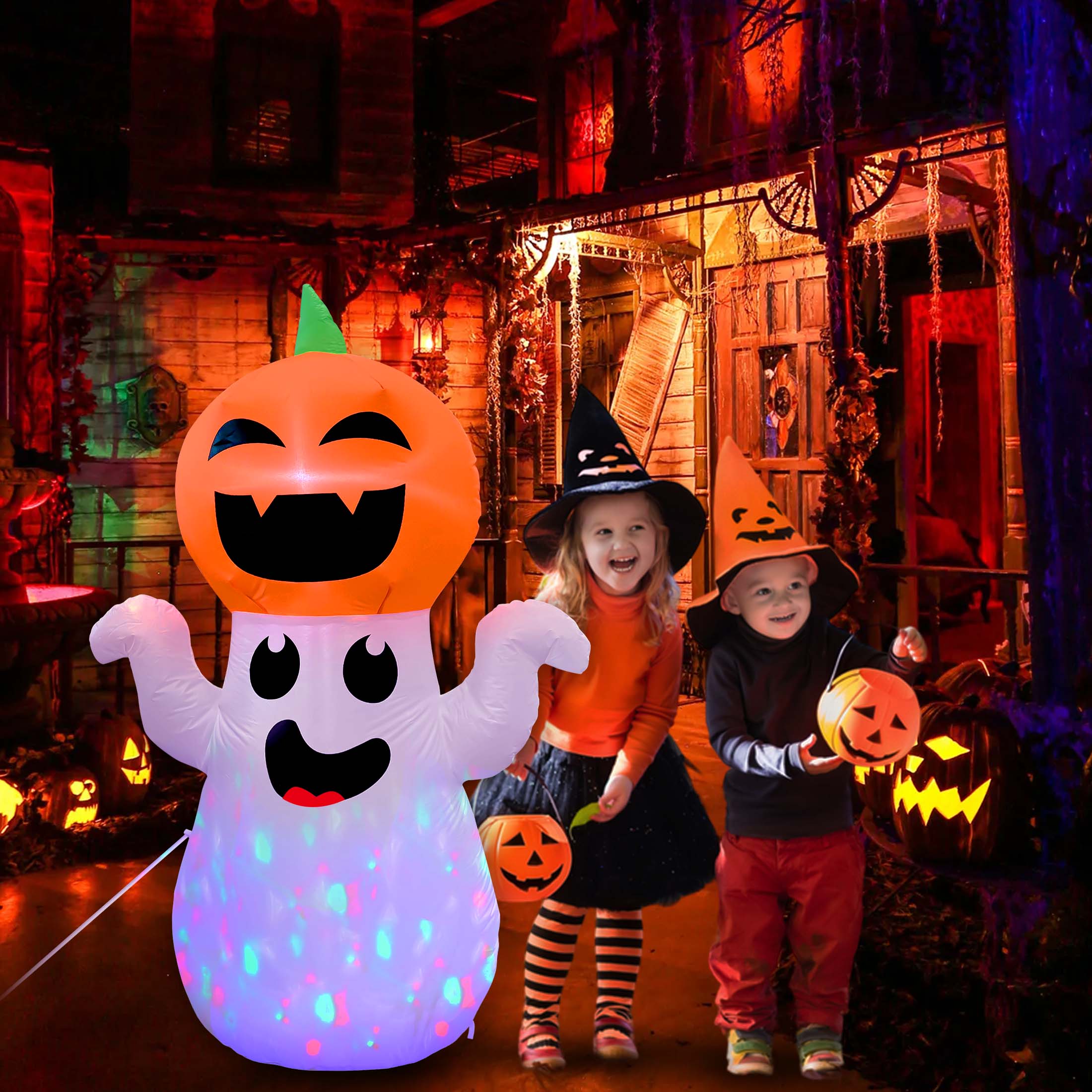 GVDV 5Ft Halloween Inflatable Pumpkin Ghost with 360° Rotating Colorful LED Lights, Cute Indoor / Outdoor Decor for Party, Yard, Lawn