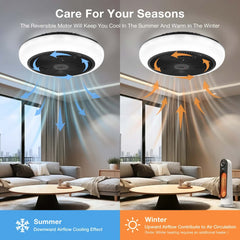 18" Modern Ceiling Fan with Light, Remote & APP Control - 3 Colors Lighting, Flush Mount Design, 6 Wind Speeds, Timing Setting - Black