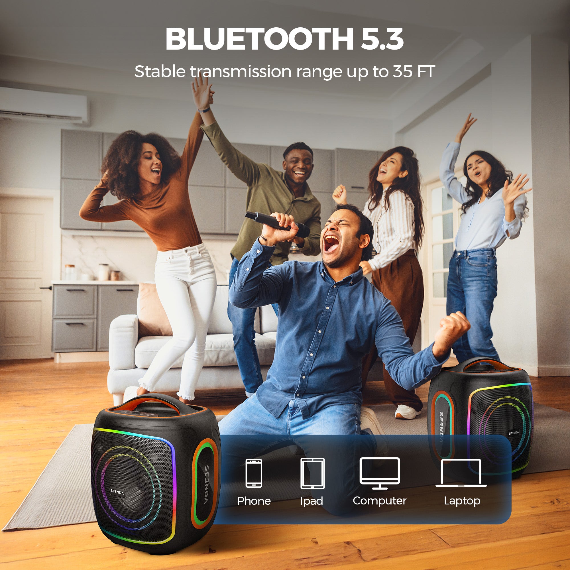 Seenda Karaoke Machine with 2 Wireless Microphones, Bluetooth, Double 6.5" & 1.5" Tweeter Speakers, IPX5 Waterproof, and RGB Lights – Portable PA System for Indoor & Outdoor Parties
