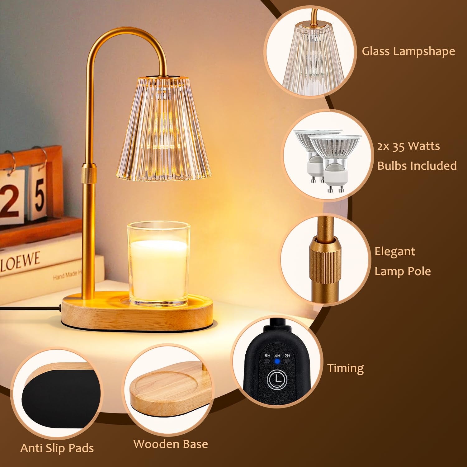 Candle Warmer Lamp with Timer, Dimmable, Adjustable Height - Electric Top Down Melting for All Jar Candles - Home Decor Wax Melter Light in Amber (Includes 2 Halogen Bulbs)