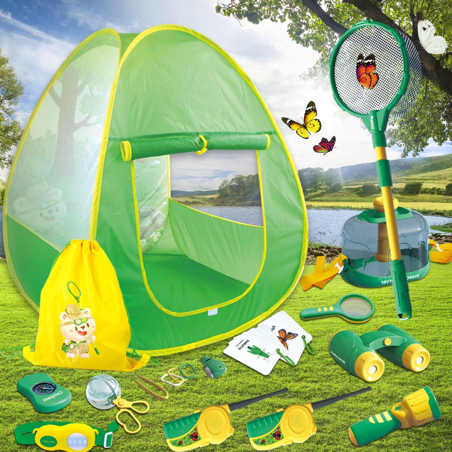 Kids Camping Set with Tent, Kids Explorer Kit with Walkie-Talkie, Bug Catcher Kit for Kids, Outdoor Toys Camping Tools Set for Boys Girls Age 3-12 Birthday Christmas Gift