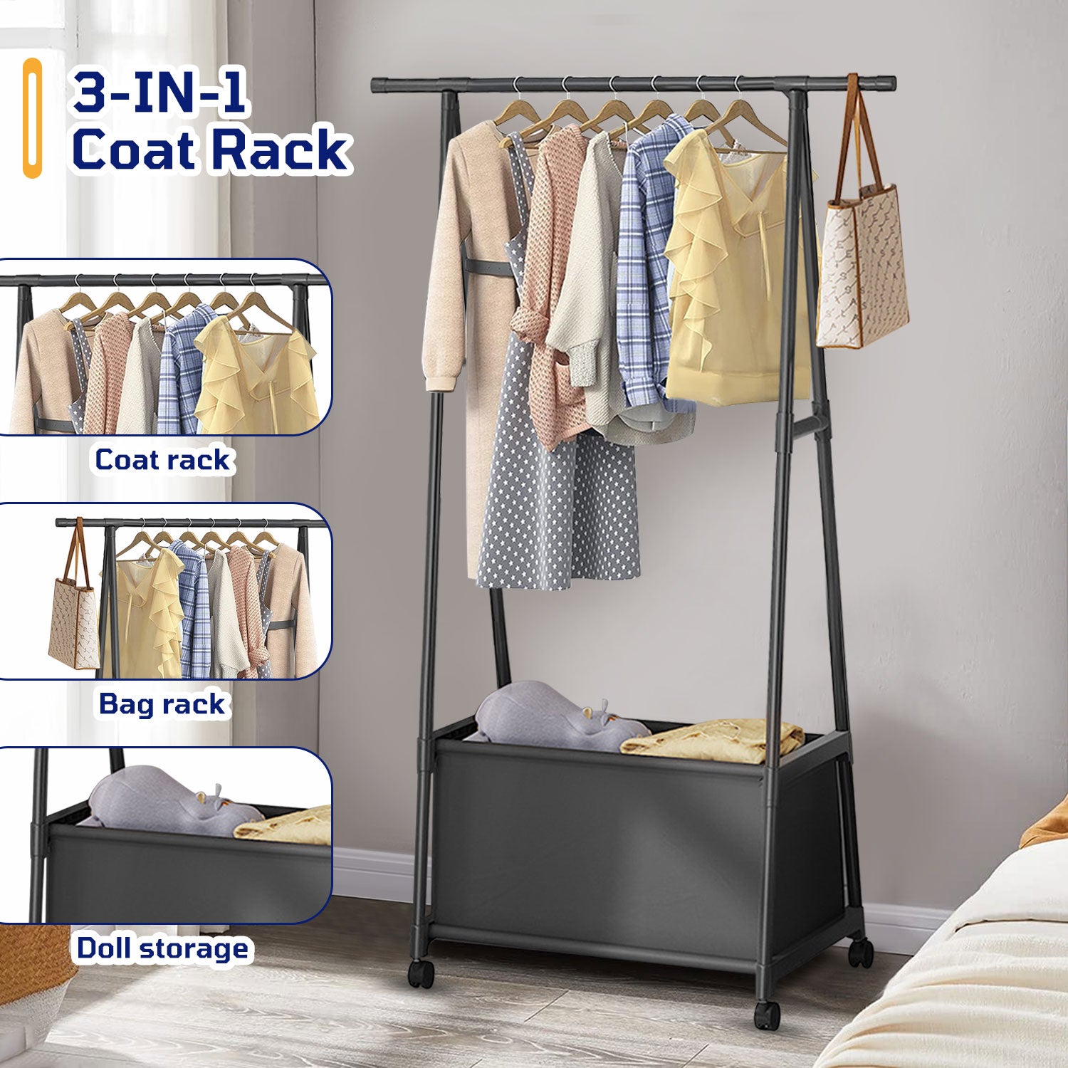 Clothes Rack, Triangle Garment Rack, Clothes Storage Organizer on Wheels, Portable Laundry Coat Rack, Closet Rack for Hanging Clothes, Clothing Rack for Home Office Dorm Black