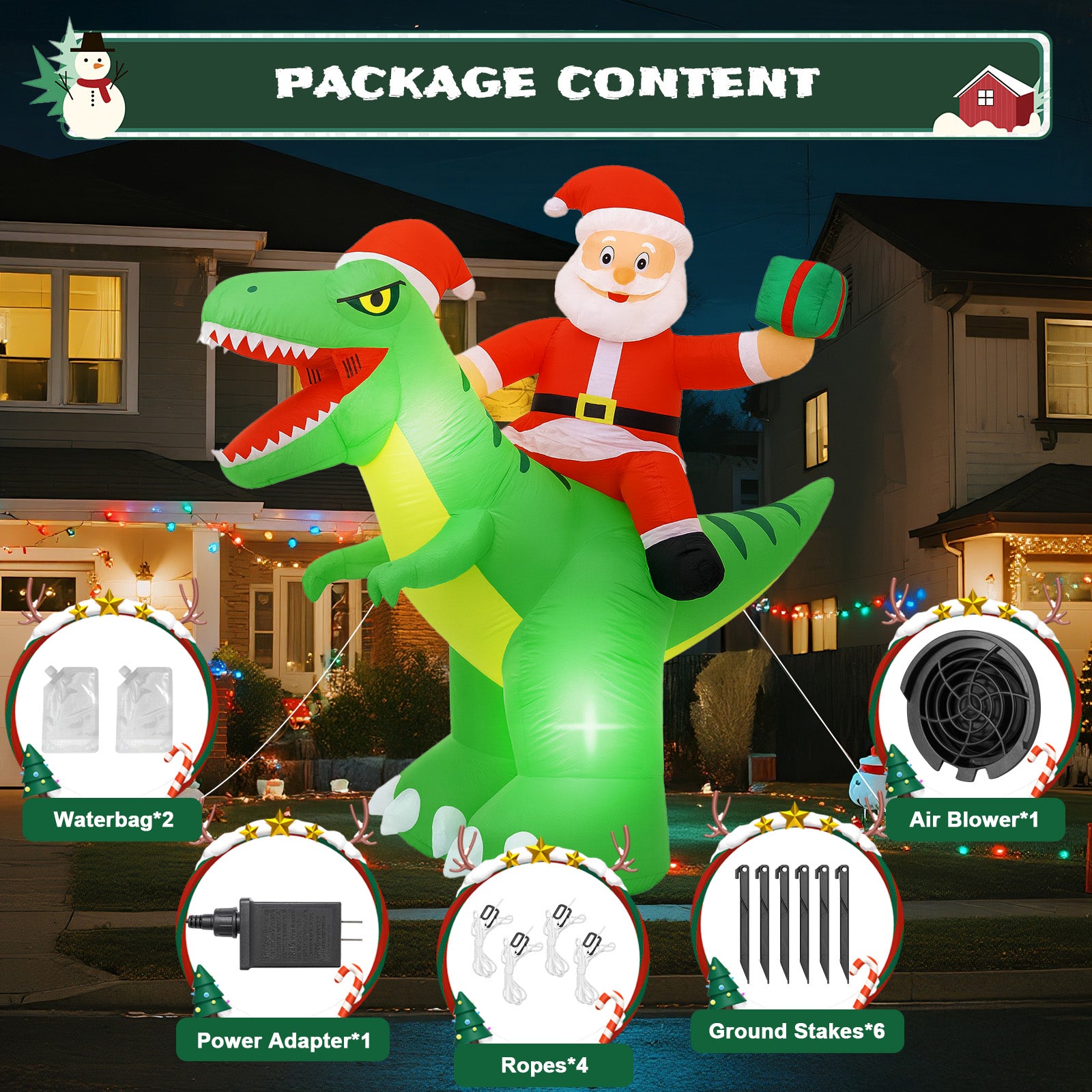 GVDV Christmas Inflatables Decorations 8FT Santa Riding Dinosaur Christmas Blow Up Yard Decoration